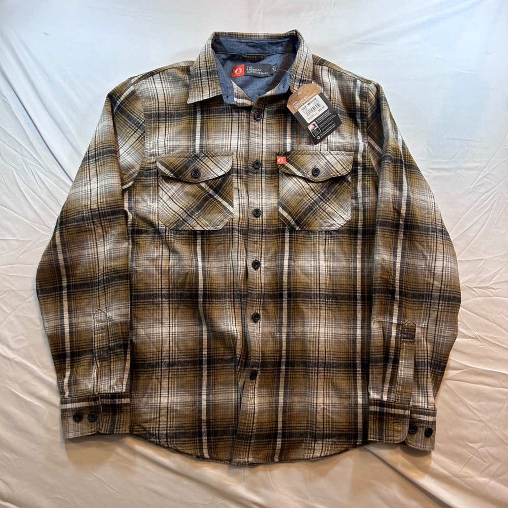 The American Outdoorsman Mens Tan Plaid Long Sleeve Button Down Shirt BROF5B2341